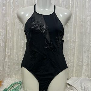 “Carmen Marc Valvo” Black Mesh One-Piece Swimsuit SZ: (10) NWT Adorable